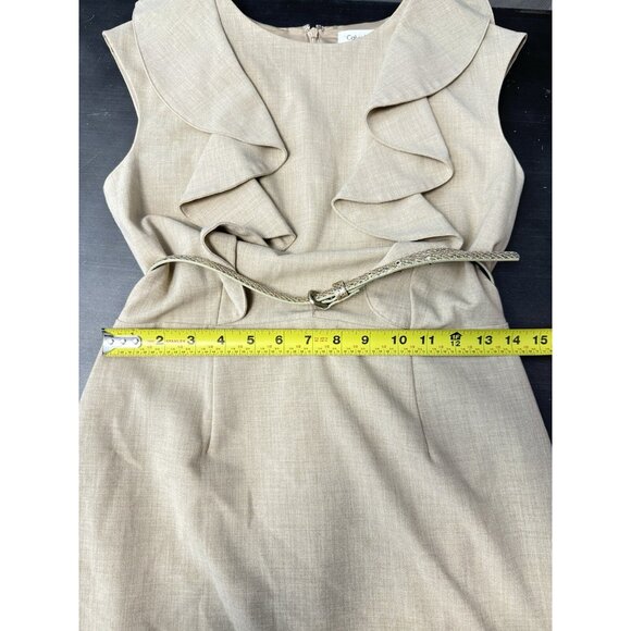 Calvin Klein Pencil Dress Beige Ruffles Sleeveless Gold Belted Preppy Corpcore 4 - Picture 9 of 10